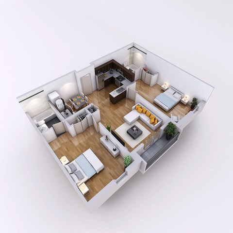 A 3D rendered image of a modern apartment layout.